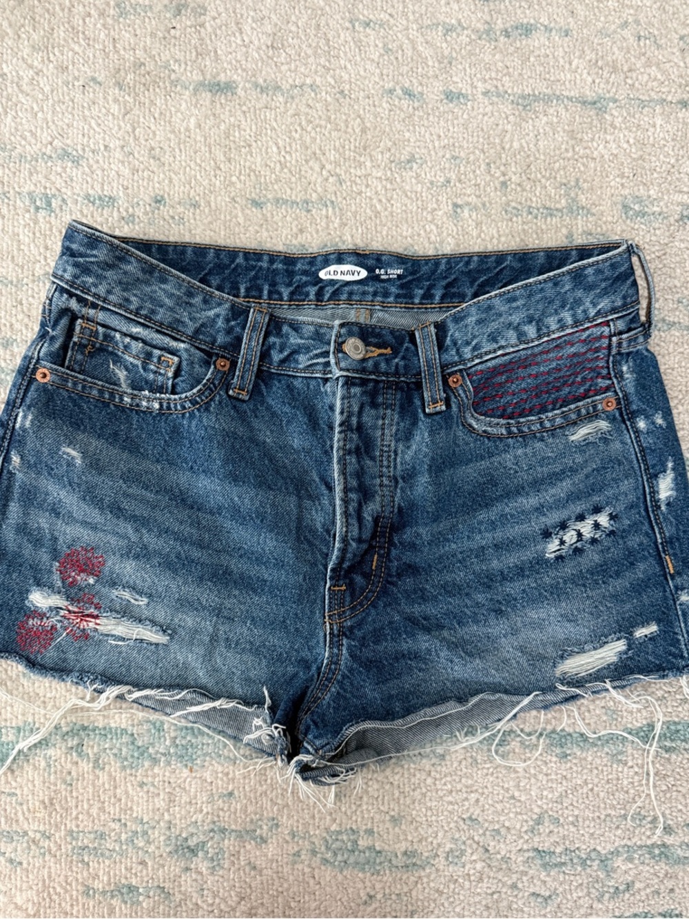 Old Navy O. G. Short high rise Denim Shorts with Red white and blue Embroidery